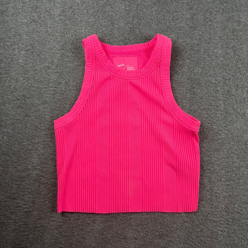 Aerie Ribbed High Neck Tank Top Neon Pink Sleeveless Crop Top Medium RN54485